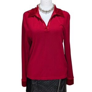 Lauren Ralph Lauren Women's Red Velvet Cuff Collar V Neck Long Sleeve Top Medium